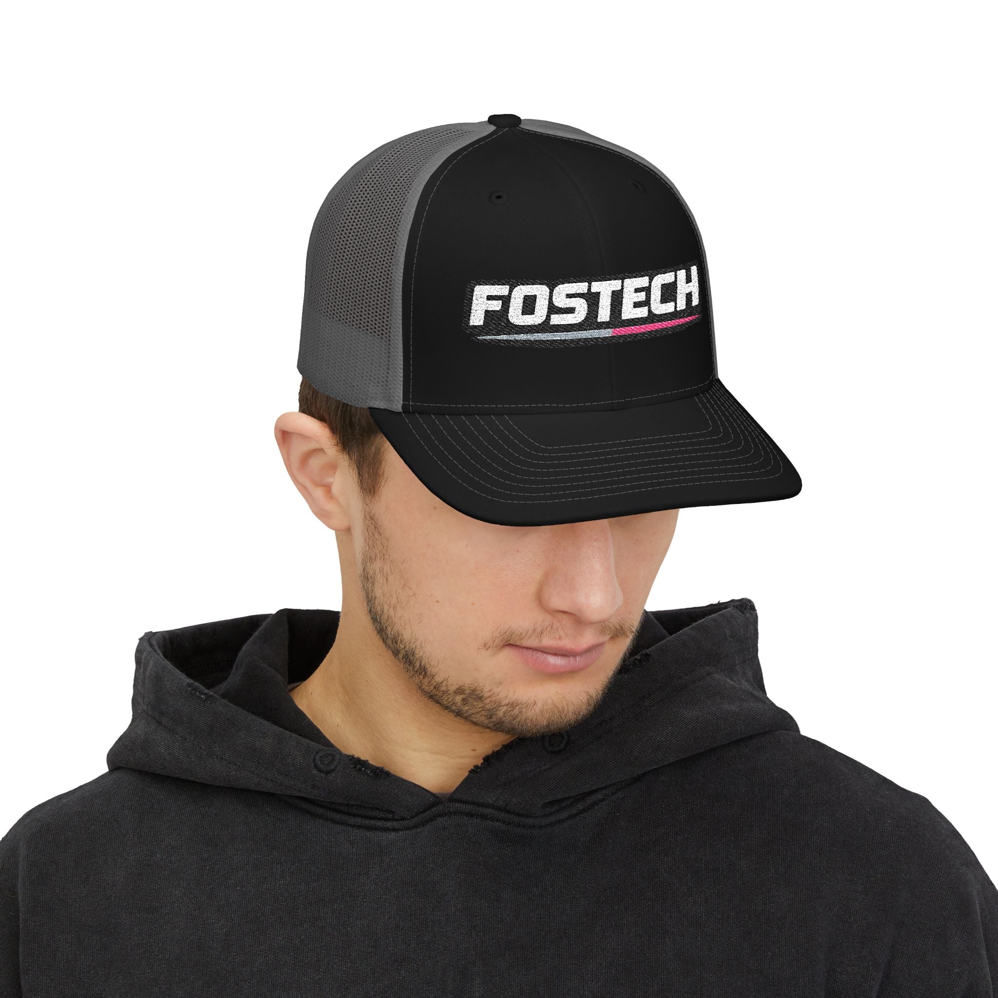 Fostech Embroidered Trucker Cap — Black & White Snapback Hat