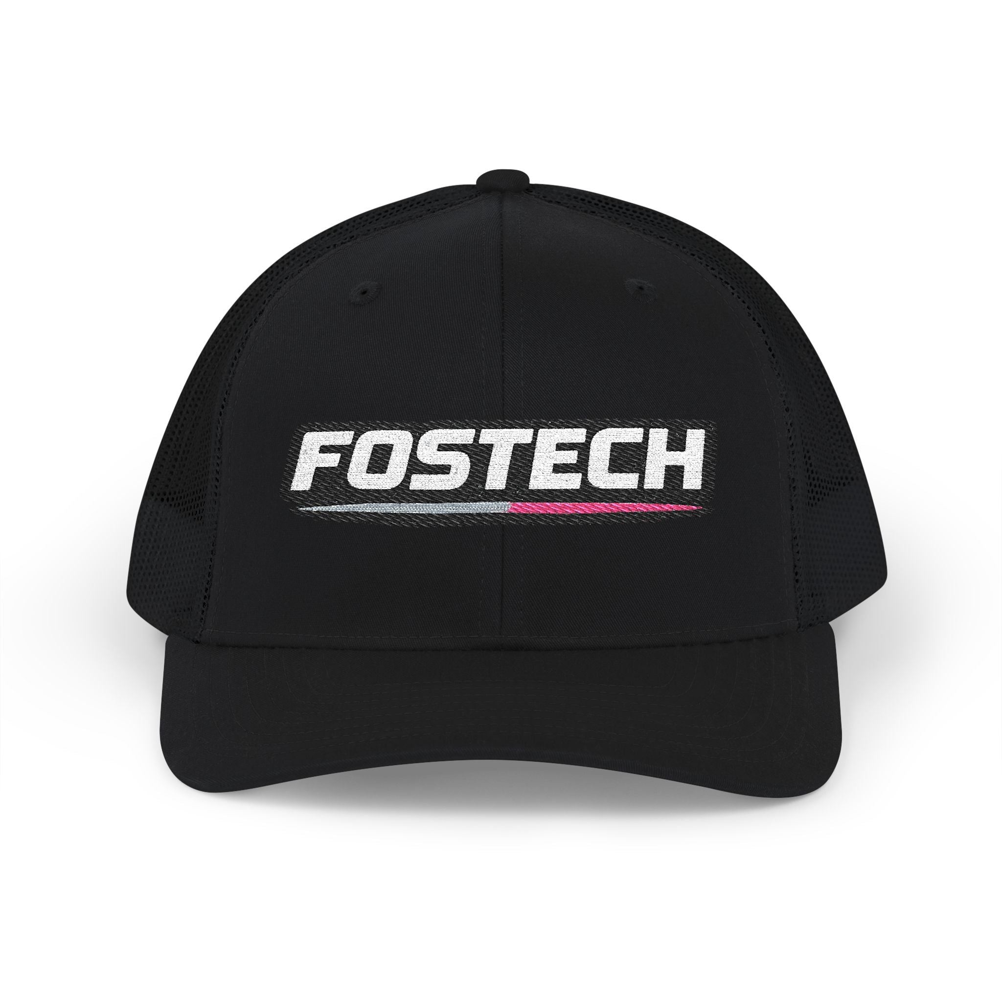 Fostech Embroidered Trucker Cap — Black & White Snapback Hat