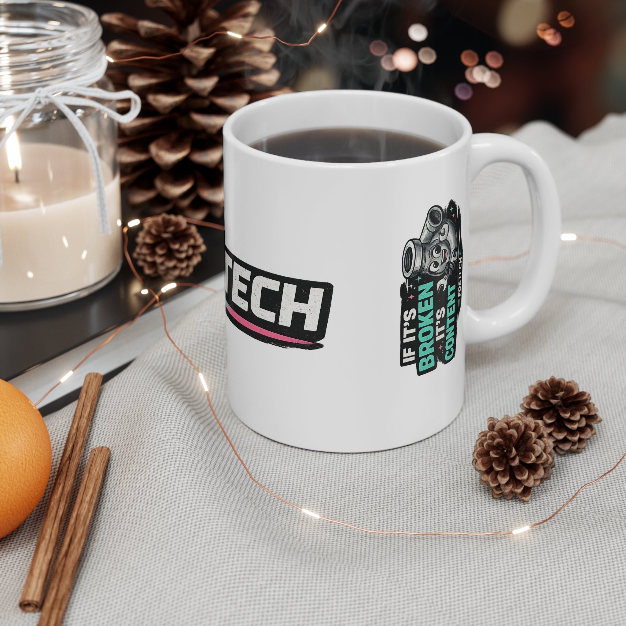 FOSTECH Logo 11oz Mug — 'Avoid Warranties' Retro Badge Coffee Cup