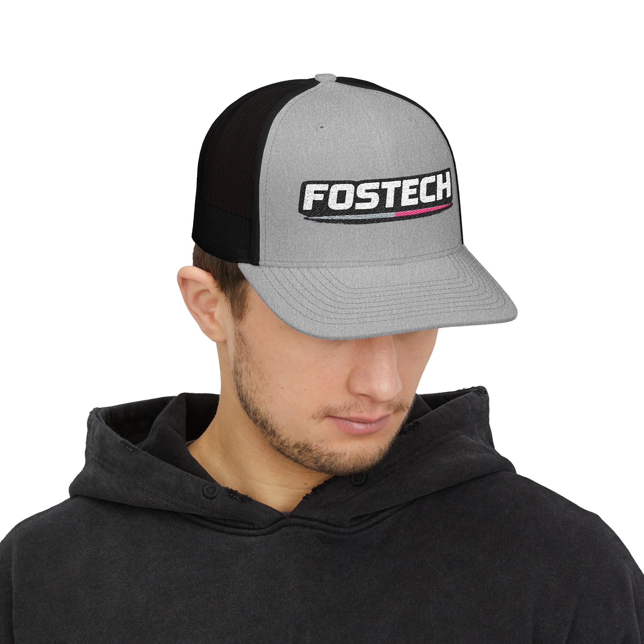 Fostech Embroidered Trucker Cap — Black & White Snapback Hat