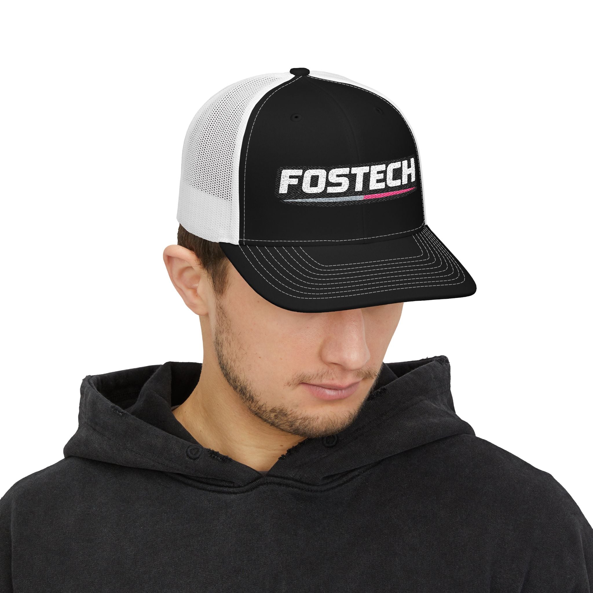 Fostech Embroidered Trucker Cap — Black & White Snapback Hat