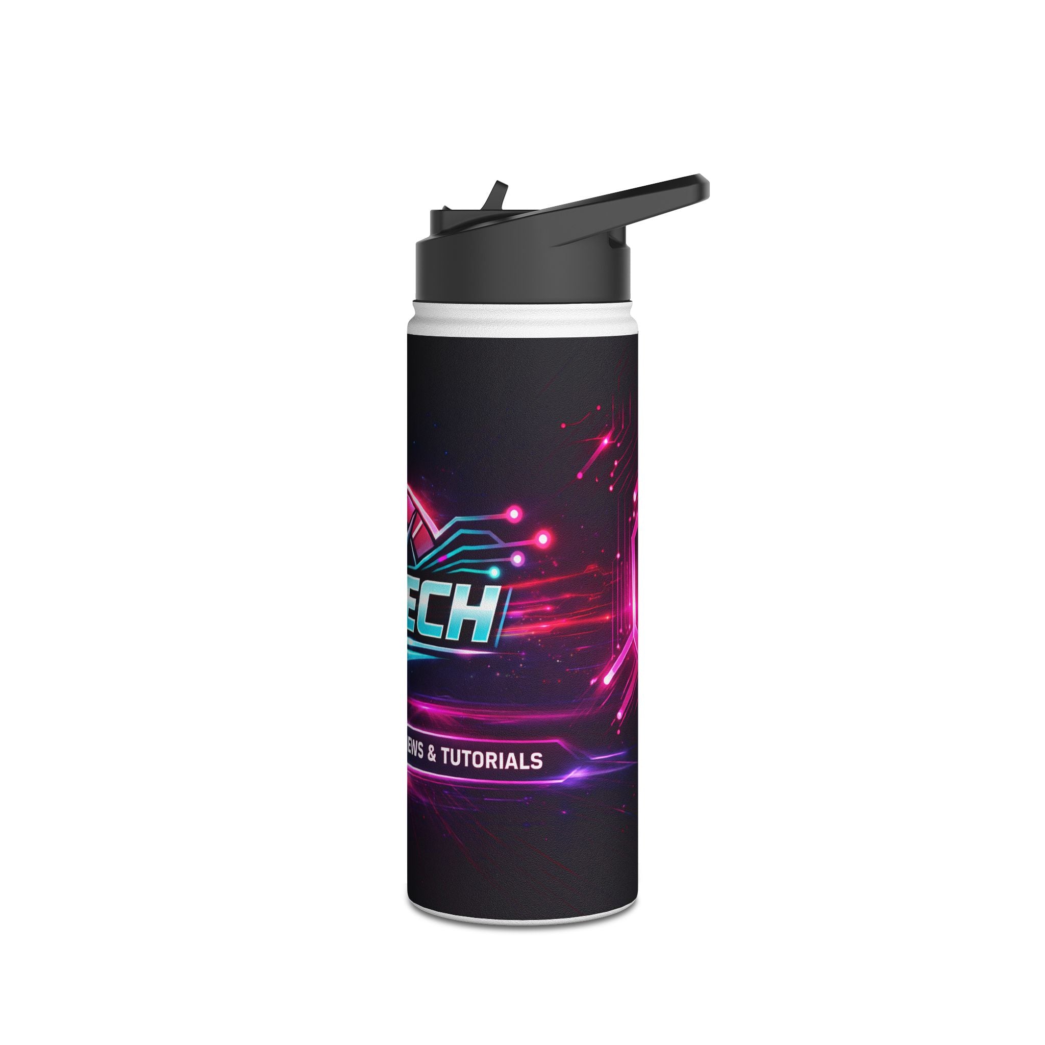 Tech Logo Stainless Steel Water Bottle — Neon Cyber Speed Graphic