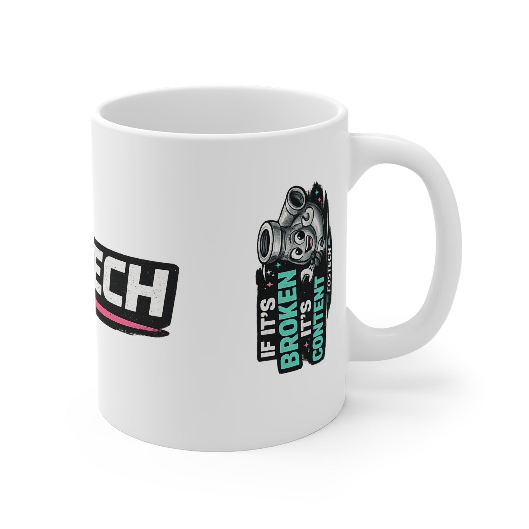 FOSTECH Logo 11oz Mug — 'Avoid Warranties' Retro Badge Coffee Cup