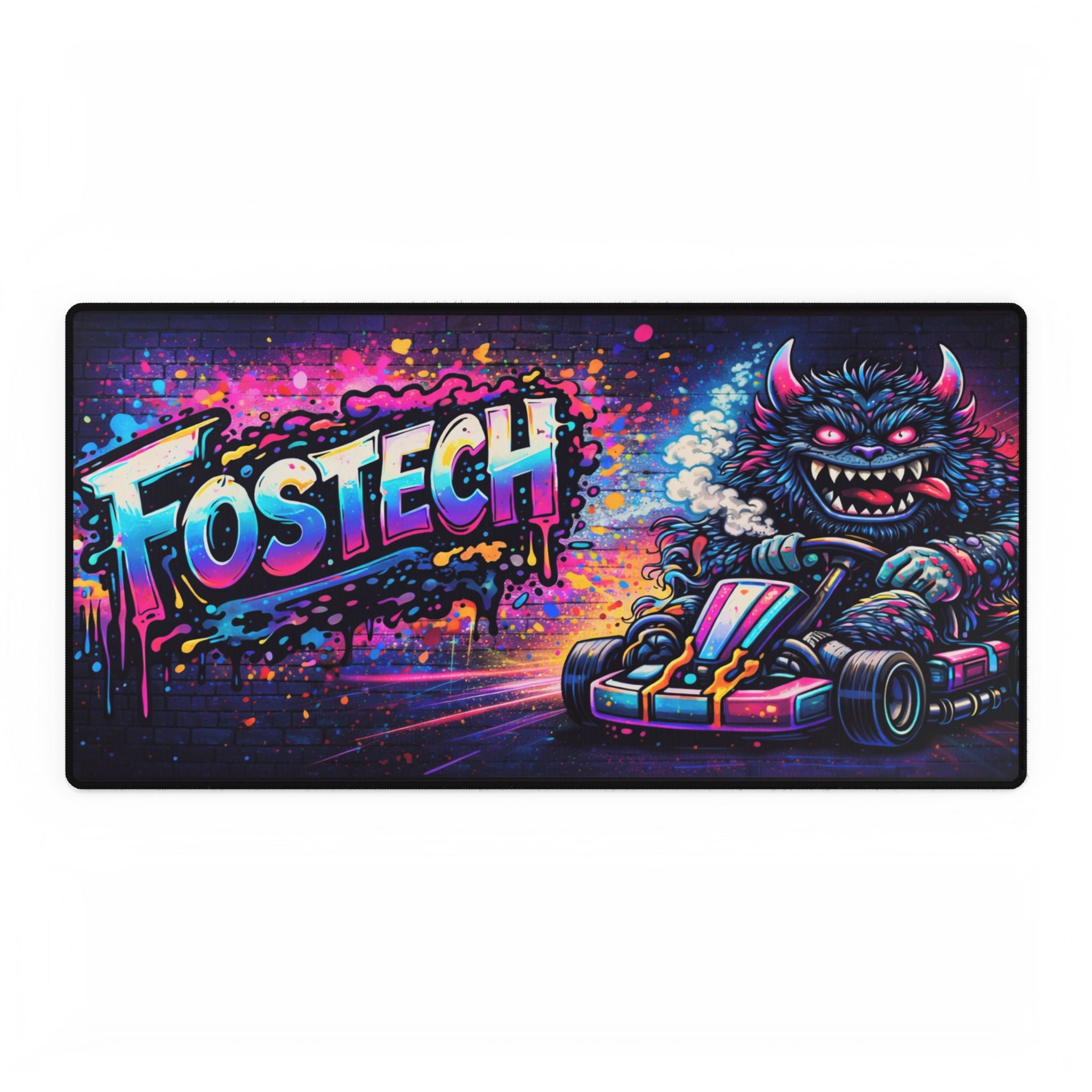 Gaming Desk Mat — Neon Graffiti 'FOSTECH' with Monster Go-Kart Design