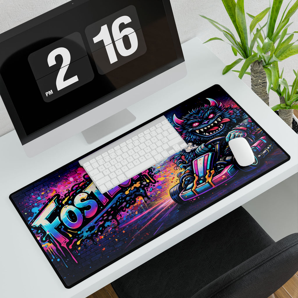 Gaming Desk Mat — Neon Graffiti 'FOSTECH' with Monster Go-Kart Design