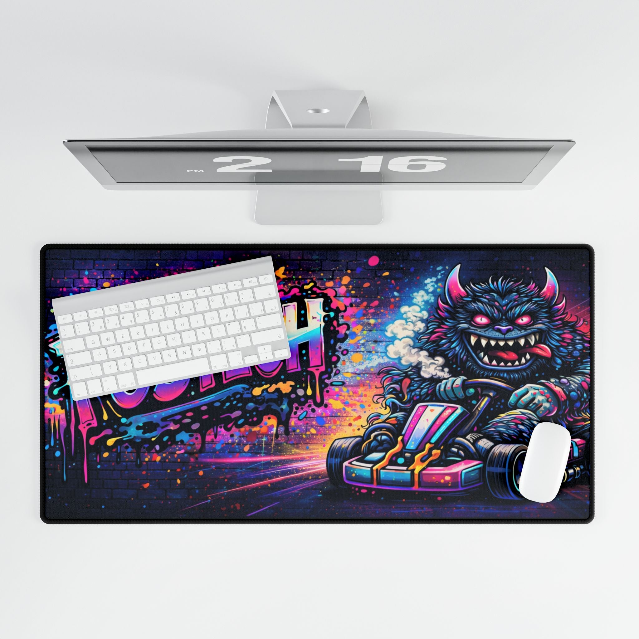 Gaming Desk Mat — Neon Graffiti 'FOSTECH' with Monster Go-Kart Design