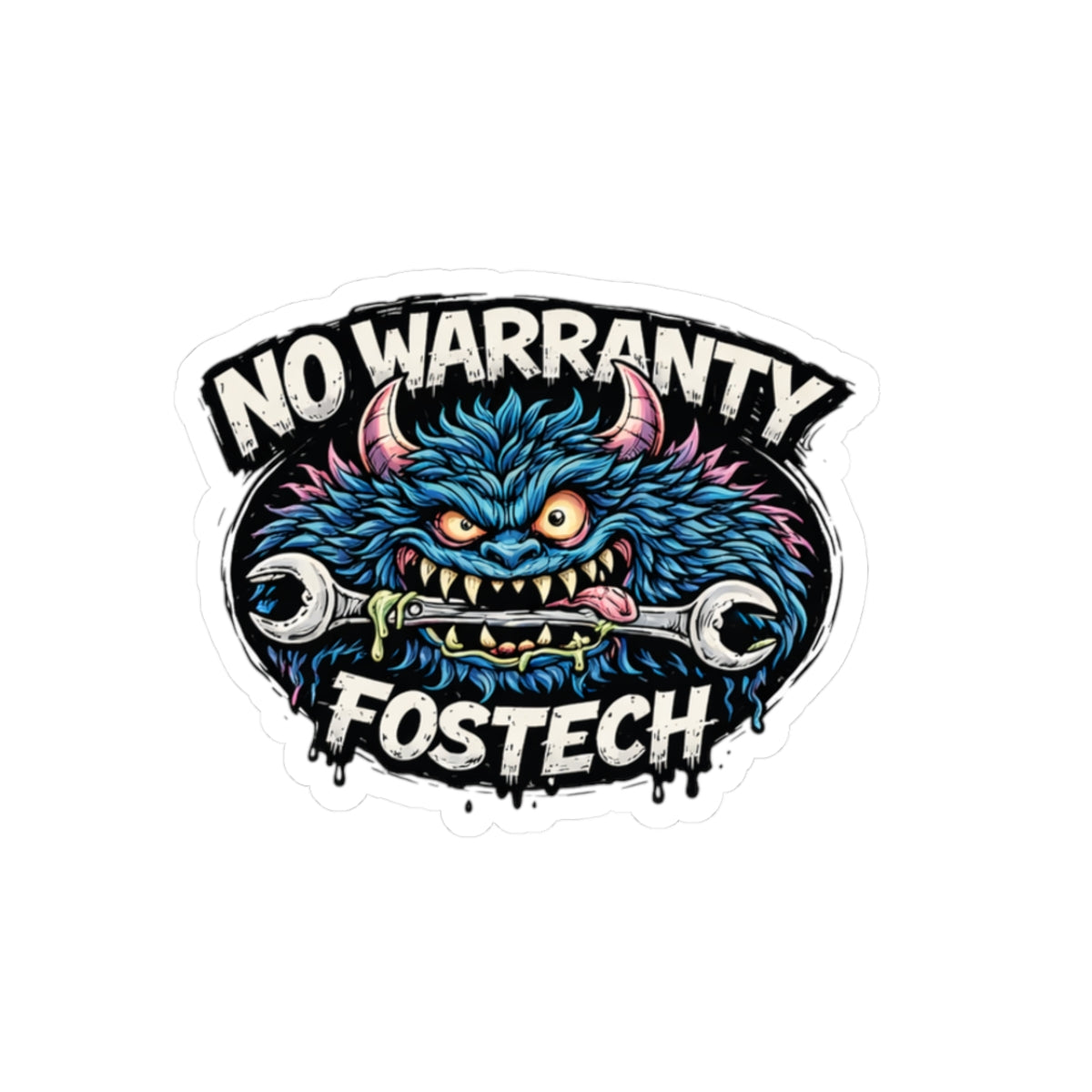 No Warranty Fostech Sticker — Mechanic Monster Kiss-Cut Decal for Laptops & Gear