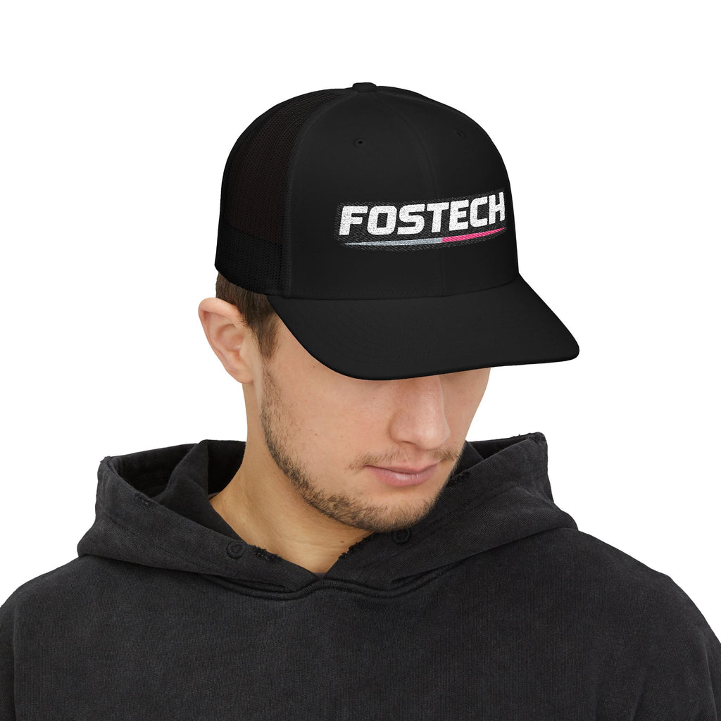 Fostech Embroidered Trucker Cap — Black & White Snapback Hat