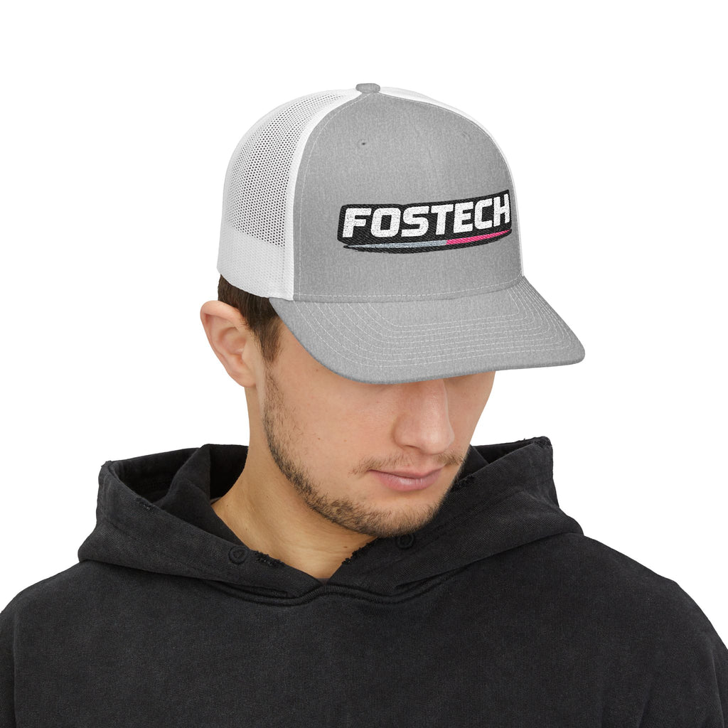 Fostech Embroidered Trucker Cap — Black & White Snapback Hat