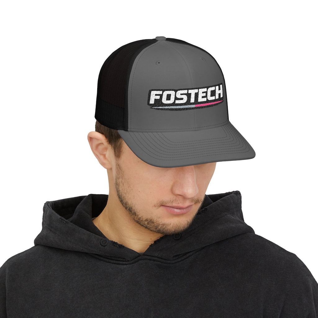 Fostech Embroidered Trucker Cap — Black & White Snapback Hat