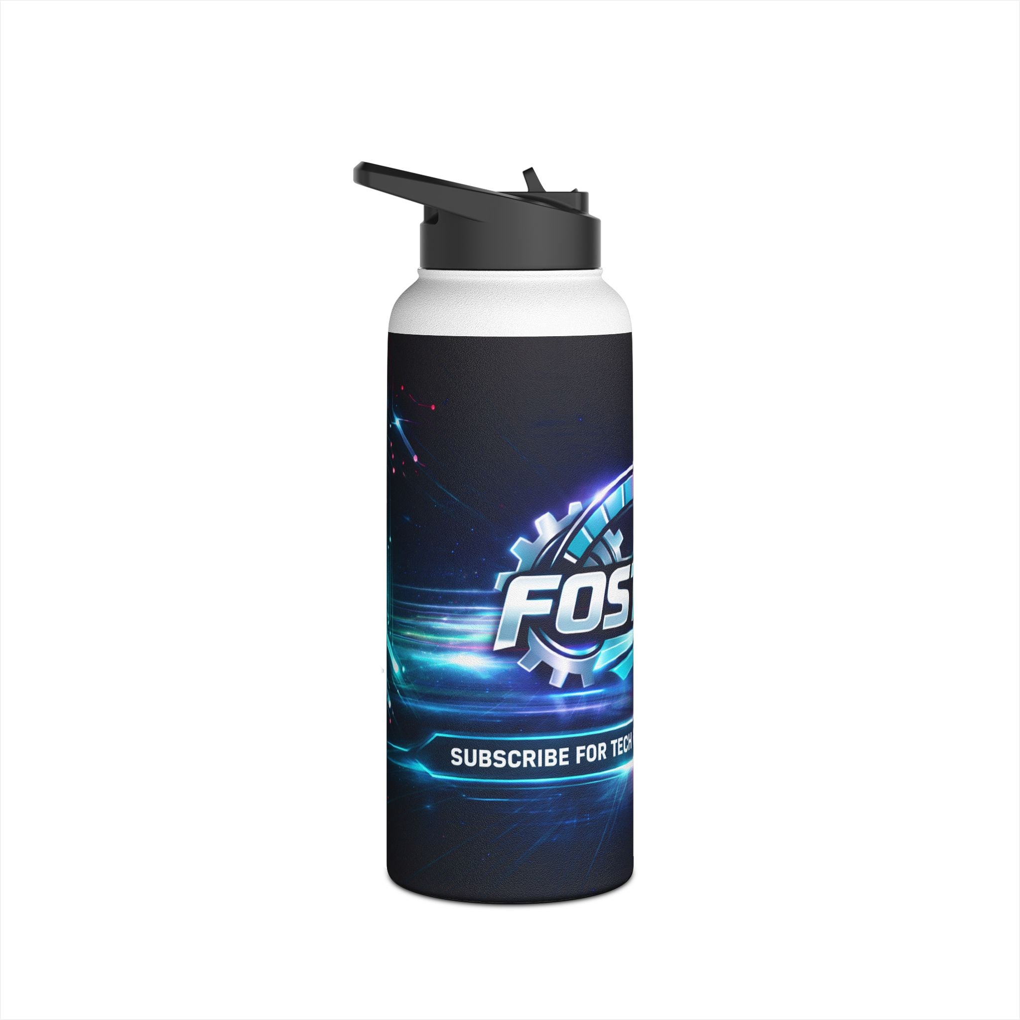Tech Logo Stainless Steel Water Bottle — Neon Cyber Speed Graphic